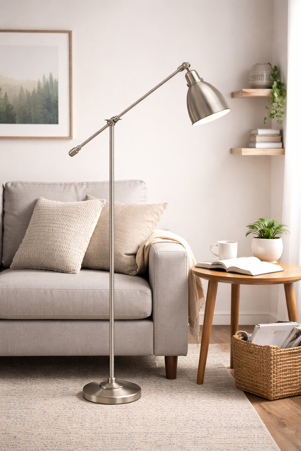 Adjustable Brushed Nickel Floor Lamp with Articulating Arm